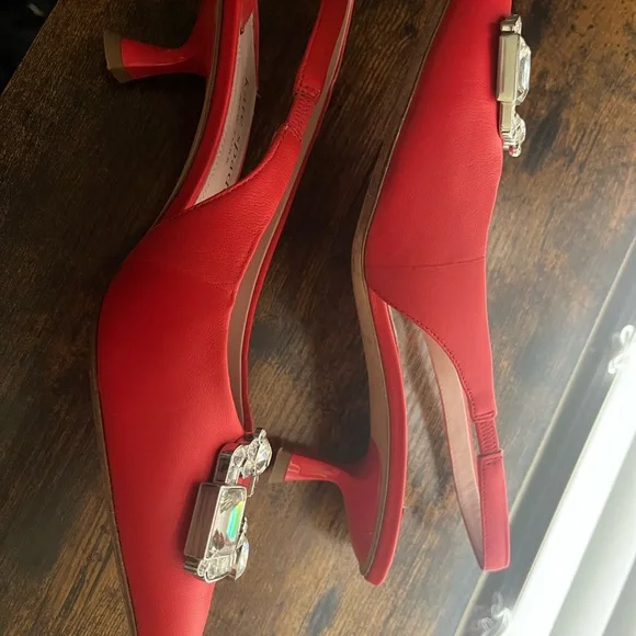Kate Spade Renata Red Kitten Heels with Crystal Accents - Picture 5 of 12
